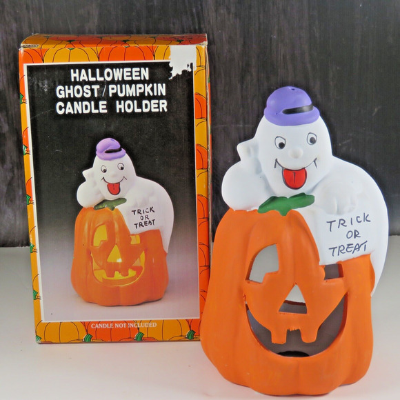 Ceramic Ghost Pumpkin Halloween Tea Light Candle Holder Statue 7” Kmart Vintage - Picture 1 of 16